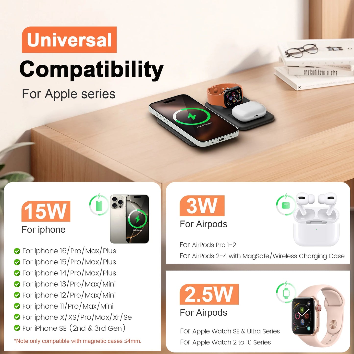 15W Wireless Chargers Magnetic 3 in 1 Foldable Stand Pad Dock Fast Charg Travel iPhone17 16 15 14 13 Pro Max Apple Watch Airpod