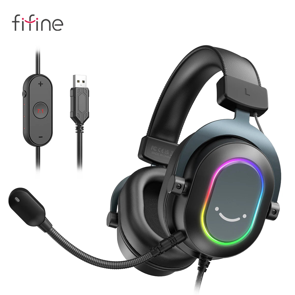 Fifine Dynamic RGB Gaming Headset with Mic Over-Ear Headphones 7.1 Surround Sound PC PS4 PS5 3 EQ Options Game Movie Music