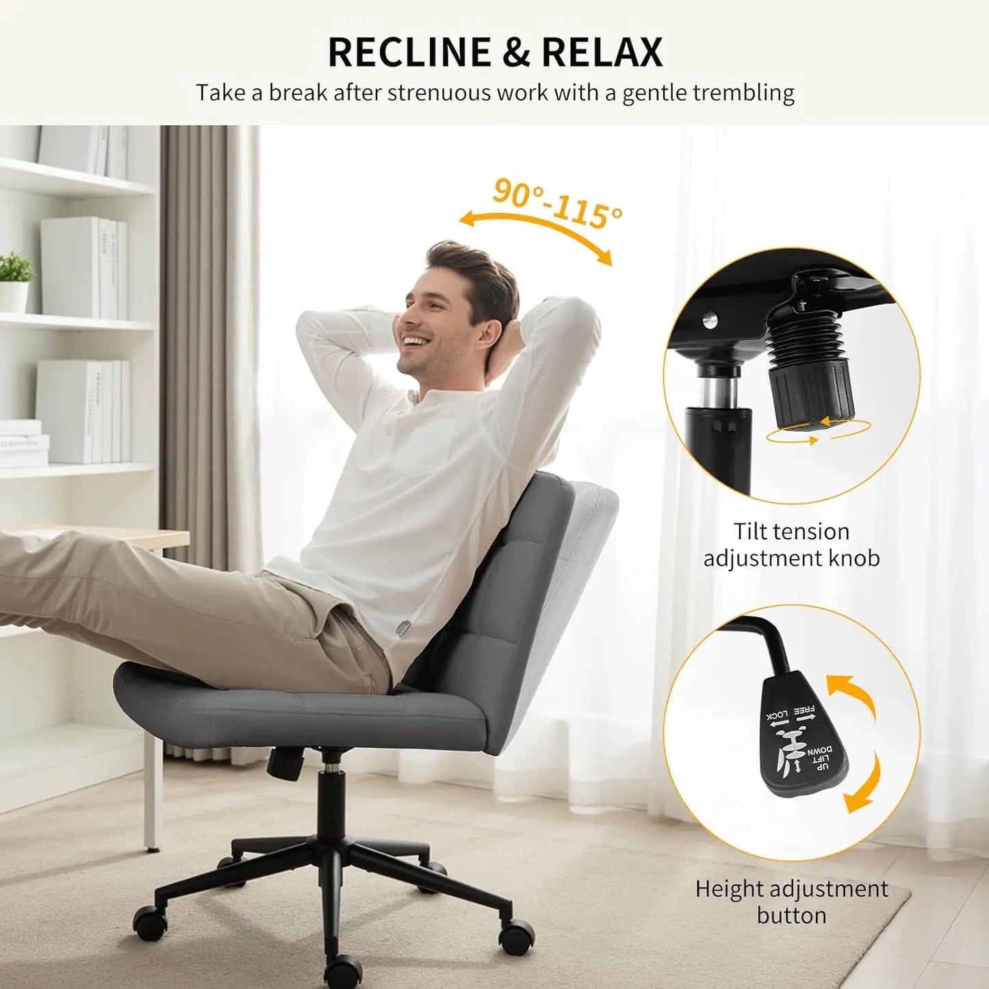 Criss Cross Legged Chair,Wide Comfy Office Desk Chair,Dual-Use with Wheels Computer Task Chair,Swivel Armless Vanity Rolling