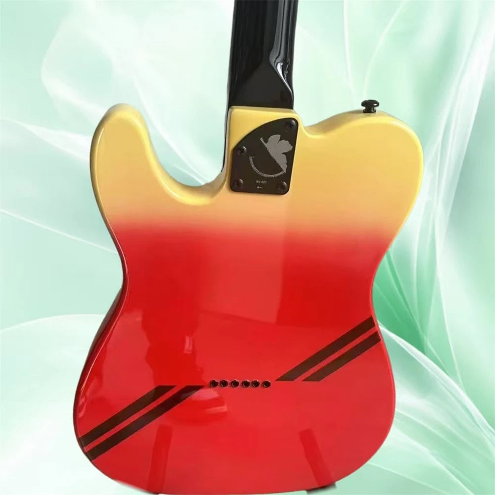 High-quality six-string electric guitar, with a two-tone body, rosewood fretboard, black hardware