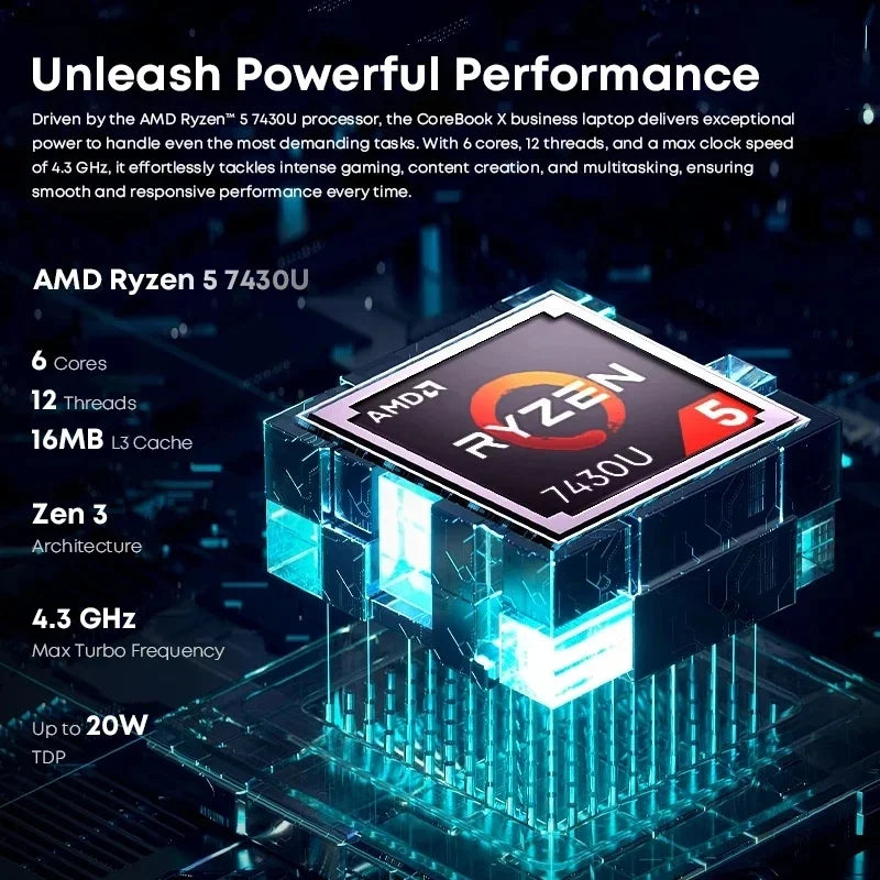 CHUWI CoreBook X Gaming Laptop AMD R5-7430U 16GB DDR4 RAM 512GB SSD 14.1 inch 2K Screen Lightweight Notebook 4.3 GHz Windows 11