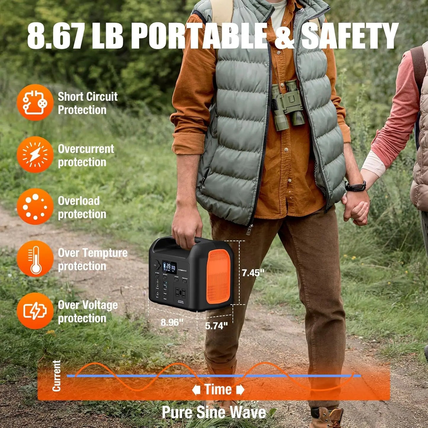 600W Portable Power Station with 299Wh LiFePO4 Battery, Solar Generator, Pure Sine Wave AC Outlets for Camping and Backup