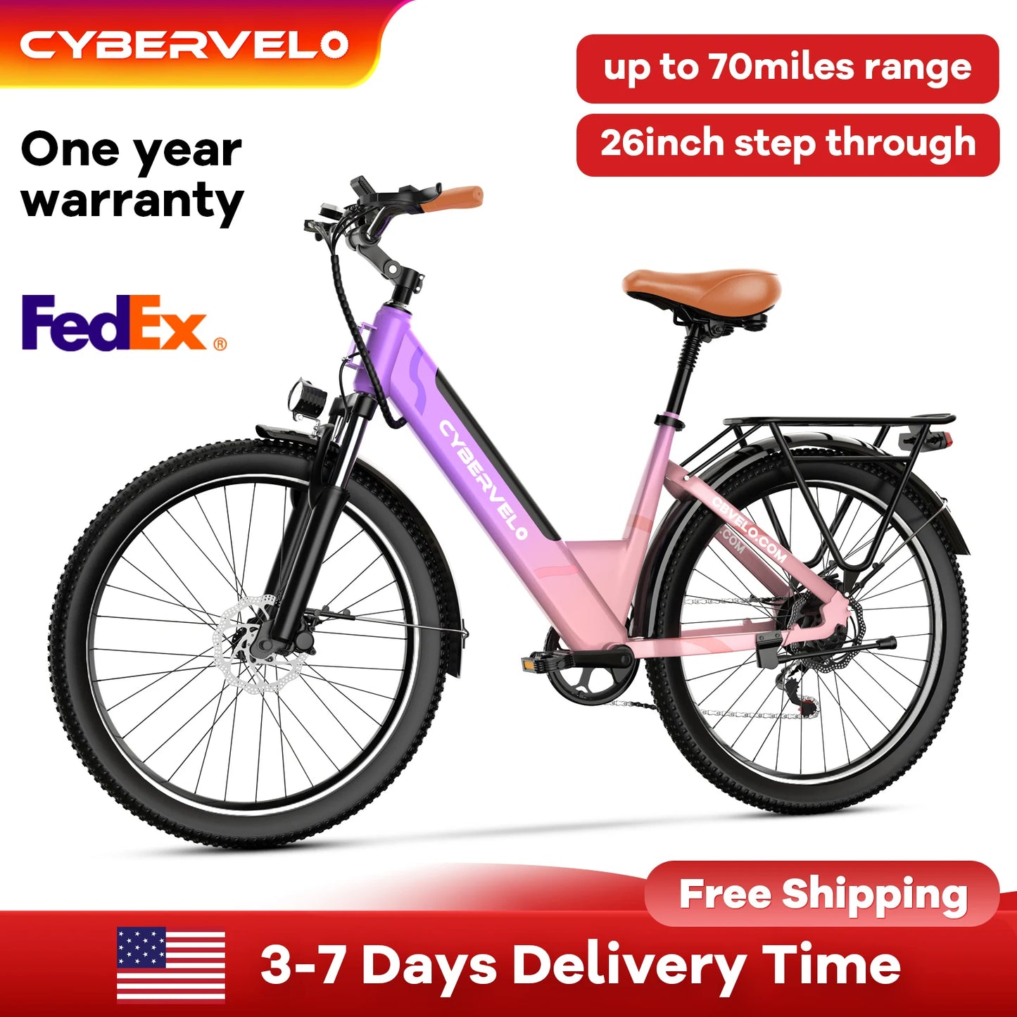 Cybervelo 1000W Peak Bulit-in 48V Battery electric Bike, 7-Speed Adult city cruiser, 26" Step-Thru City Commute E-Bike EK2