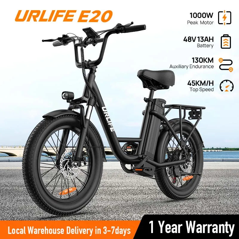 URLIFE 1000W E20 Electric Bike | 48V 13Ah Removable Battery, 20MPH, 20''X3" Fat Tire, 7-Speed E-Bike with Dual Disc Brake