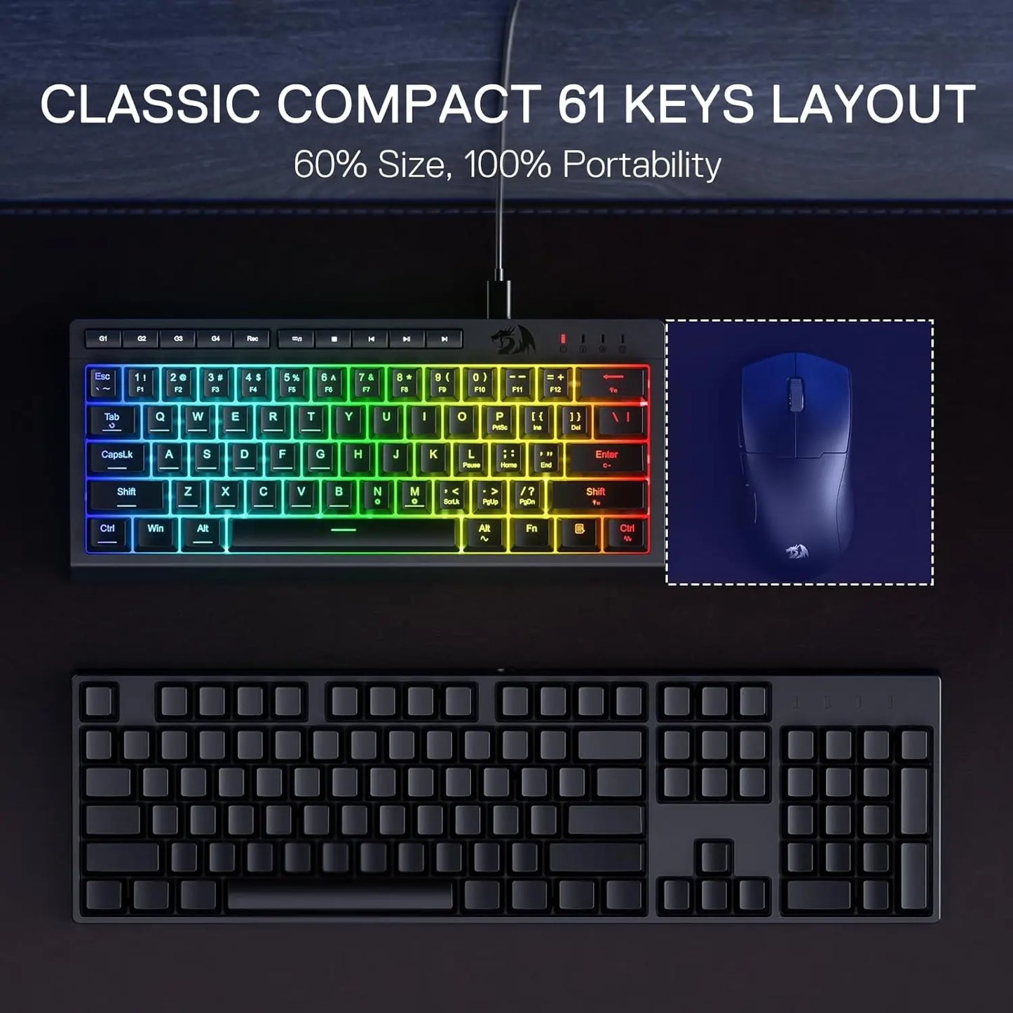 Redragon K522 60% Wired RGB Membrane Gaming Keyboard,Compact 61 Keys Linear Mechanical-Feel Switch