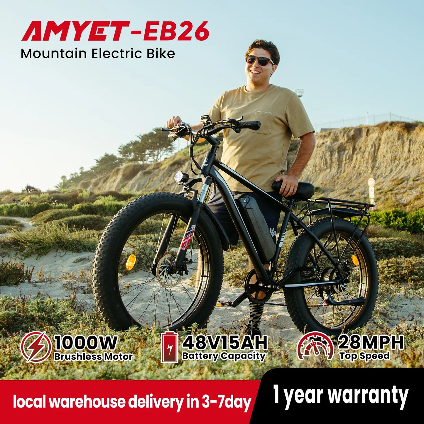 AMYET Electric Bike EB26 Blue Adults Electric Bicycle 28mph Peak 1500W 720WH Ebike 26" Fat Tire Mountain Bike Electric Dirt Bike