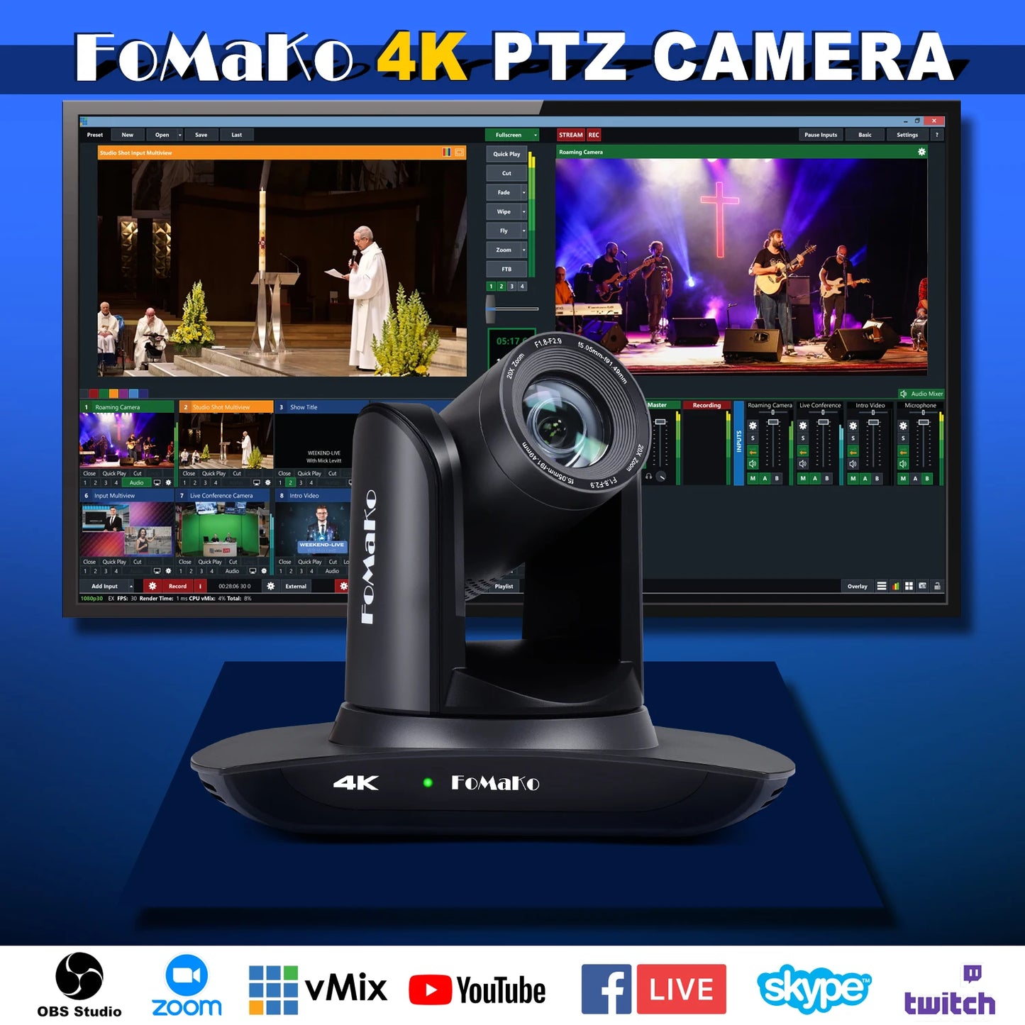 FoMaKo 4K PTZ Camera HDMI AI Auto-Tracking PTZ Camera 4K 20X Optical Zoom(3pcs), PTZ Controller PoE for Church Worship Education