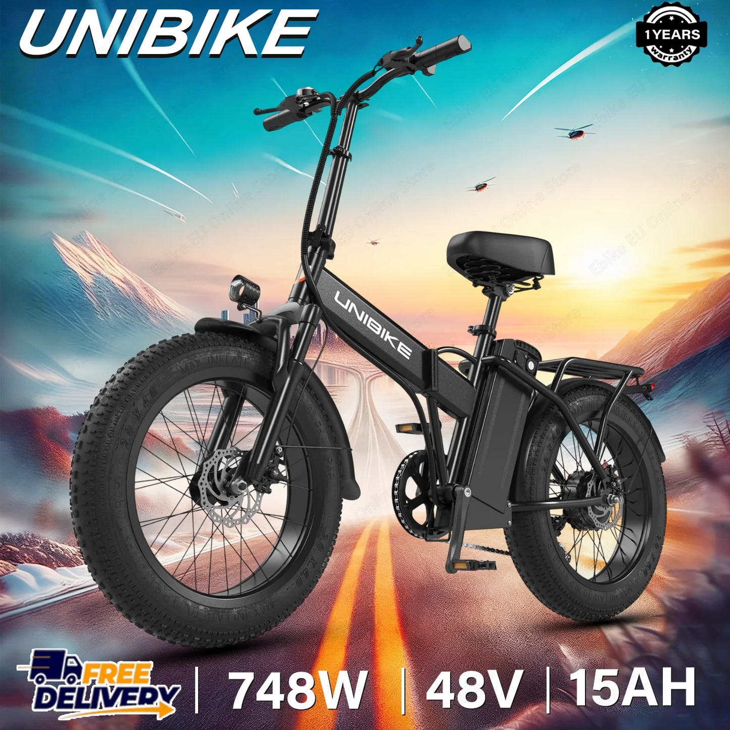 UNIBIKE F1 PRO E-Bike 748W Motor 48V15AH Removable Lithium Battery Dual Hydraulic Brake Electric Bike 20*4-Inch Fat Tire E-Bike