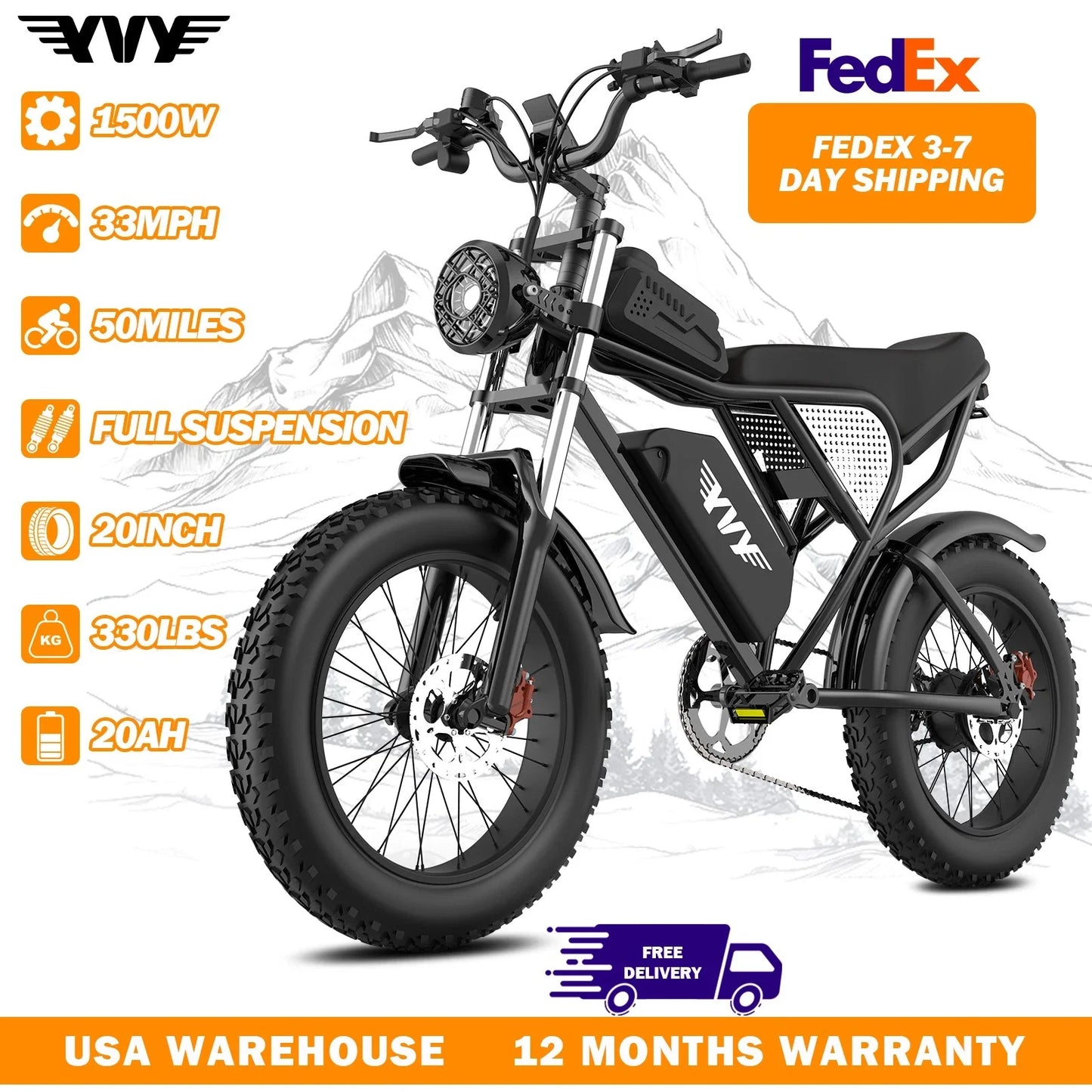 YVY K20 Electric Bike for Adults 1500/2000W 33/37MPH 48/52V 50-80Miles Electric Motorcycle 20" Fat Tire Dirt Bike 7-Speed E-Bike