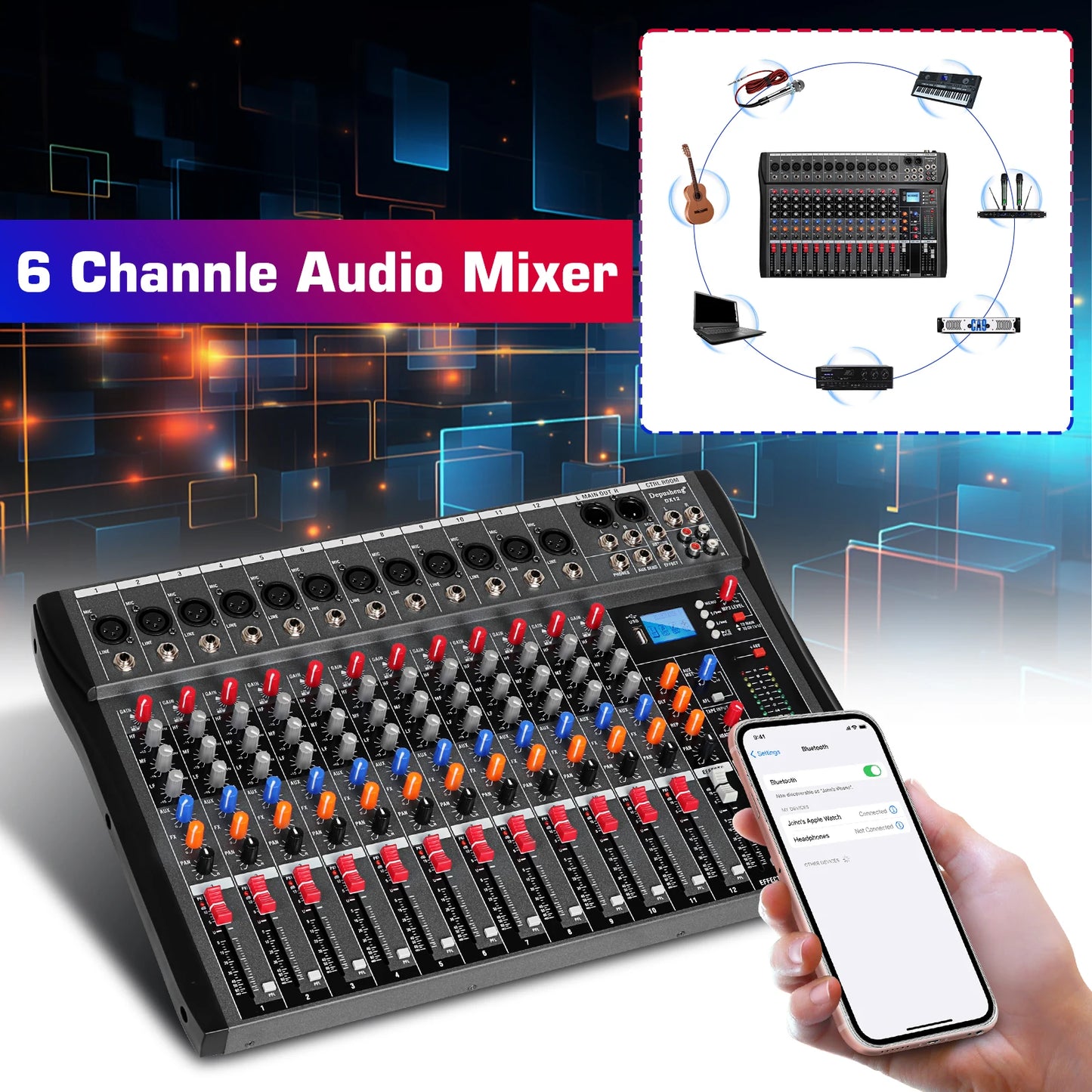 DEPUSHENG DX12 Professional Audio Mixer 12 Channel Studio Audio Console USB MP3 Input 48v Phantom Power DJ Console
