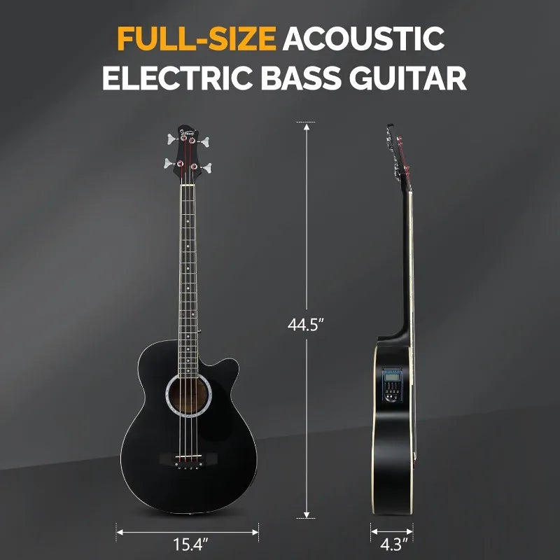 GLARRY Full Size Acoustic Electric Bass Guitar Beginner Kit,Cutaway 4 String Electric Acoustic Bass Guitar w/Inbuilt Tuner,Black