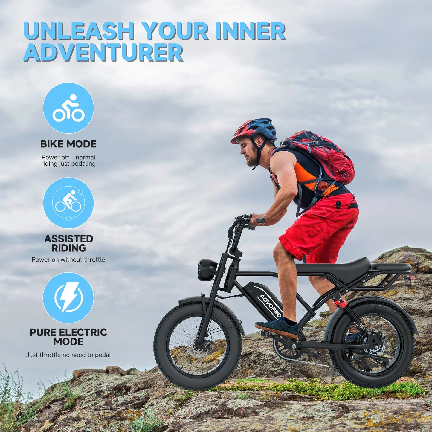 AOVOPRO AP20 Electric Bike 1500W 20" Fat Tire 31mph Top Speed 70 Miles Range for Road Sand Mountain Snow Electric Motorcycle