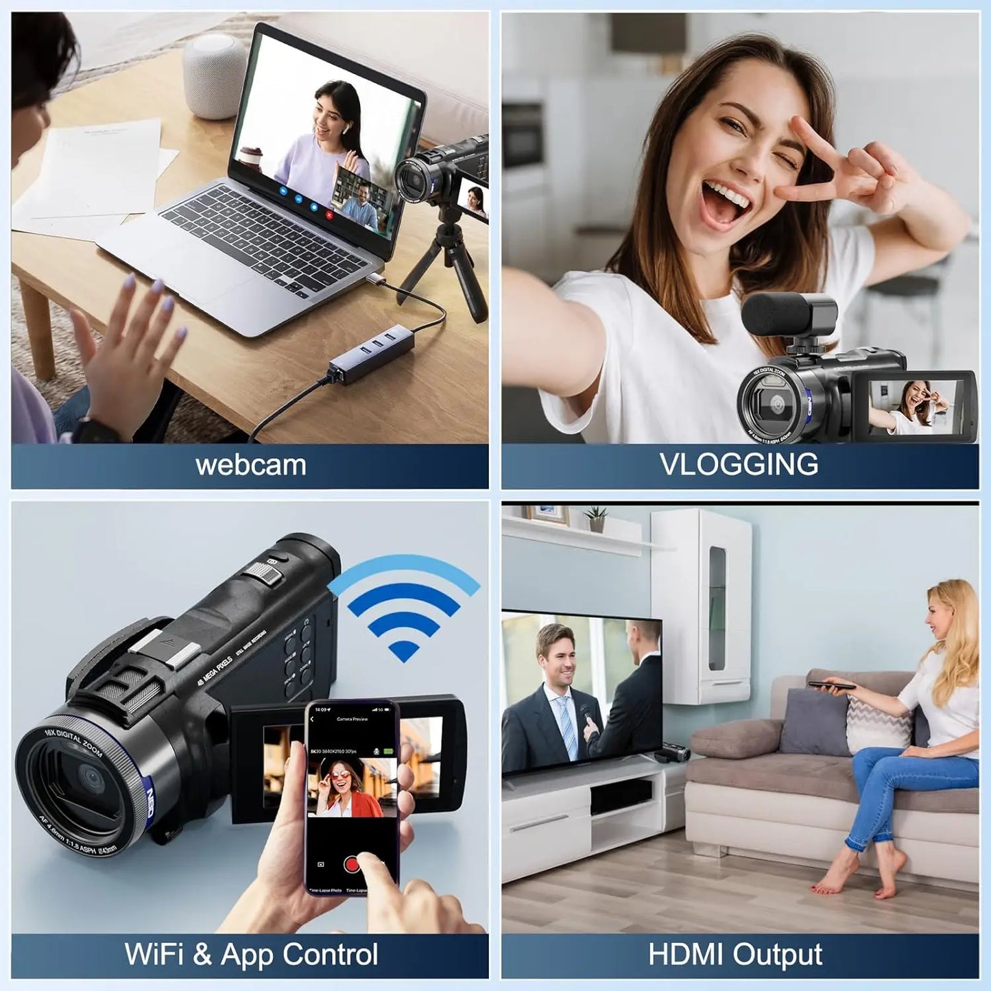 NBD 4K Camcorder Video Camera with 48MP Vlogging Camera With Wi-Fi & App Control,Video Recorder with 3X Battery Life, 16X Zoom