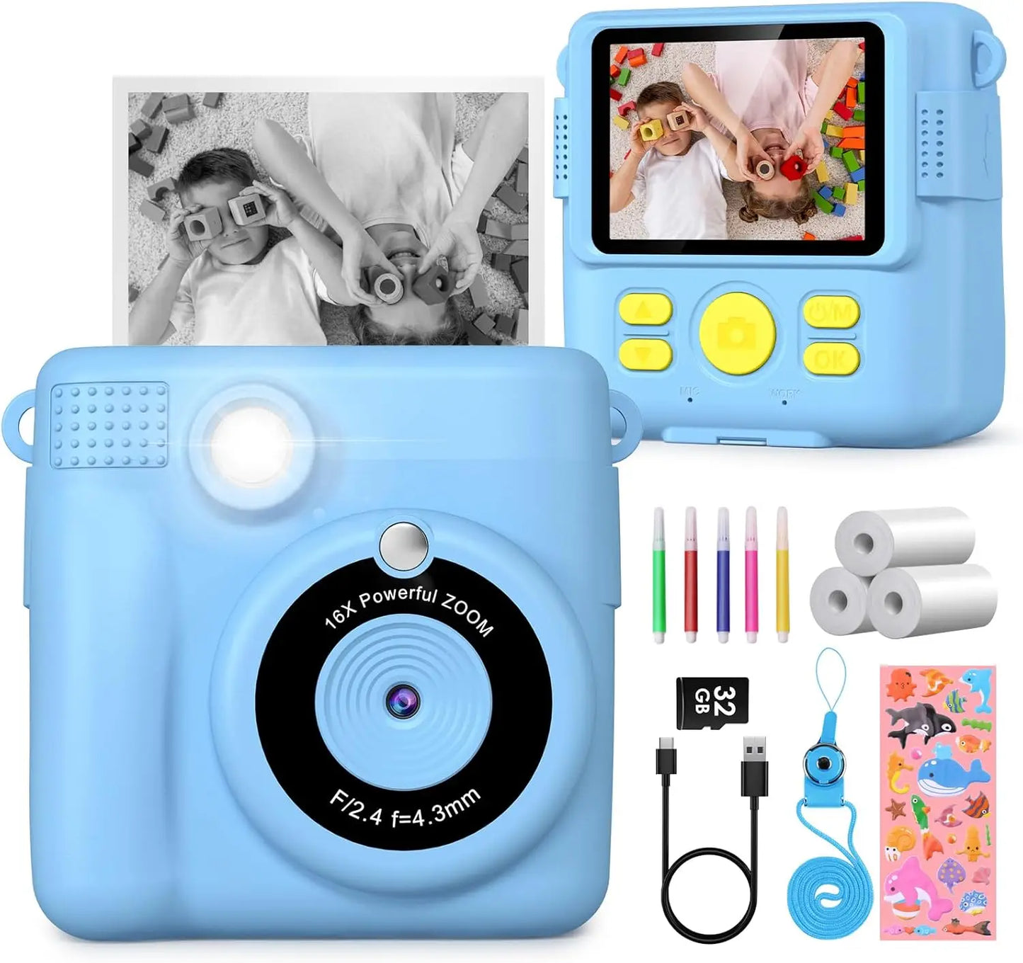Kids Digital Camera 1080P HD Instant Print Camera Portable Camera Toy with 32GB Card Gift For Boys Girls 3-12