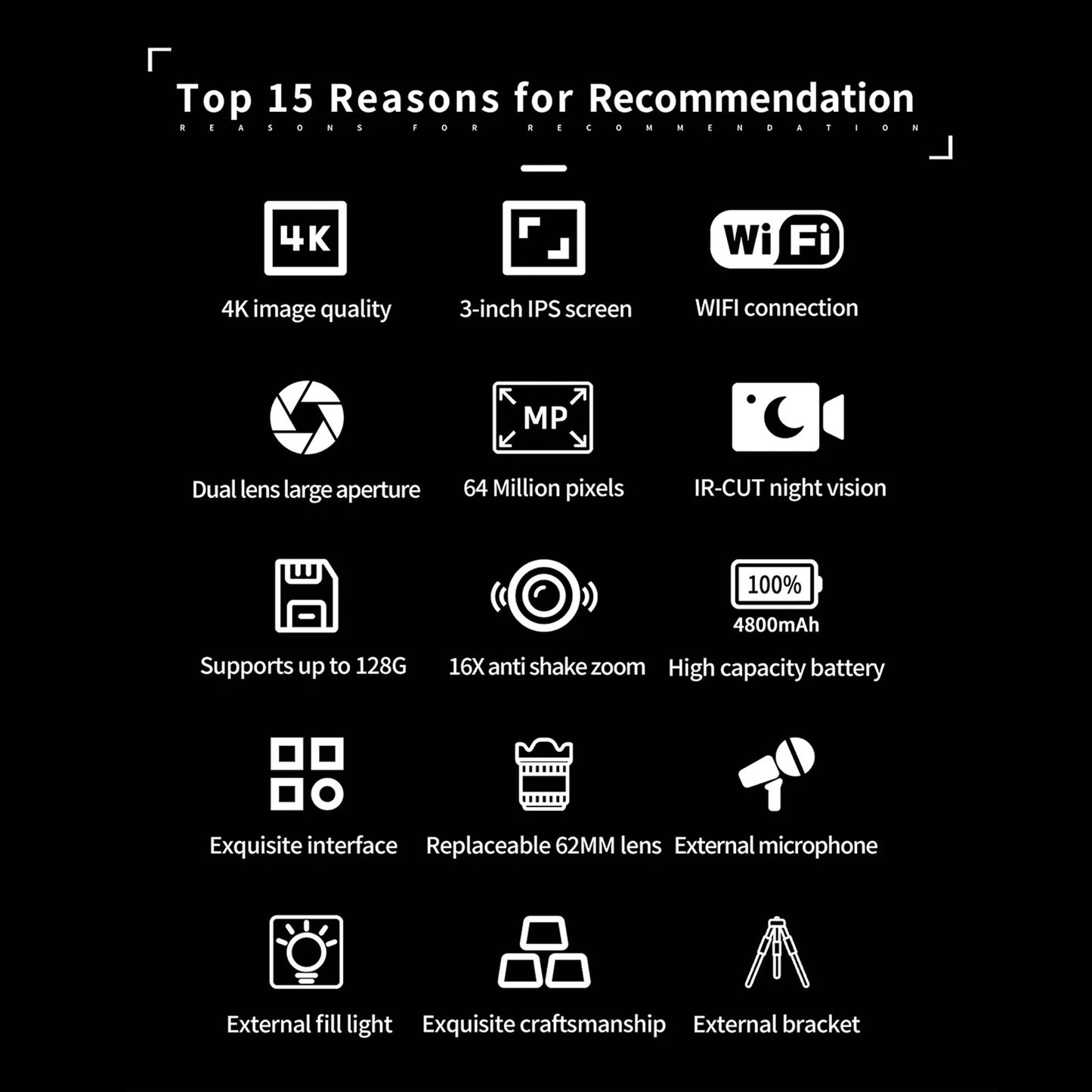 3 Inch  Digital Camera 4K 64MP Color Display 16X Digital Zoom HD Digital Camera for Photography Video WiFi Digital Camera