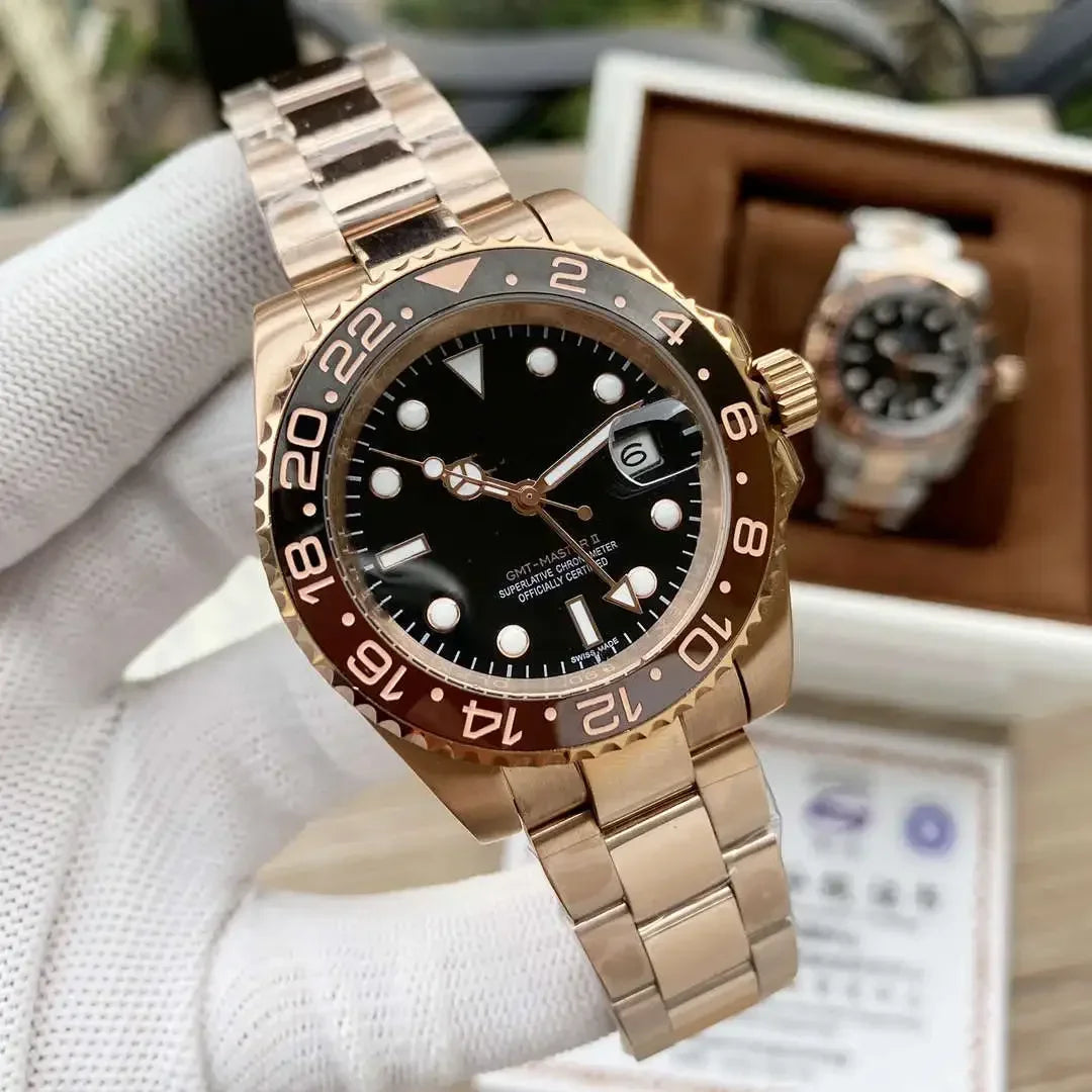 40mm Yellow Gold NH34 GMT Automatic Watch For Men Ceramics Grey Black Bezel Sapphire Glass Luminous Dial Waterproof