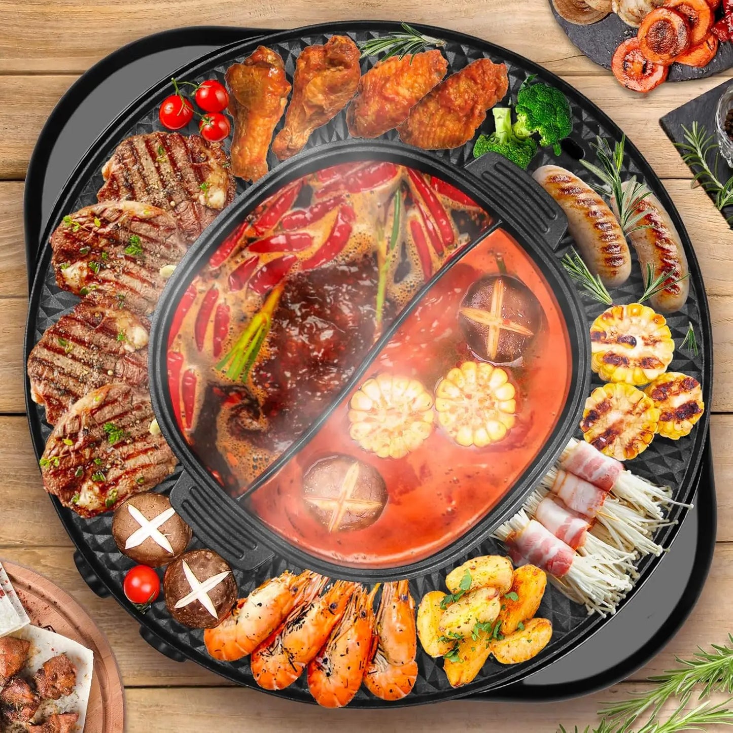 2-in-1 Electric Hot Pot and Grill with Dual Temperature Control, Non-Stick Pan for Family Gatherings