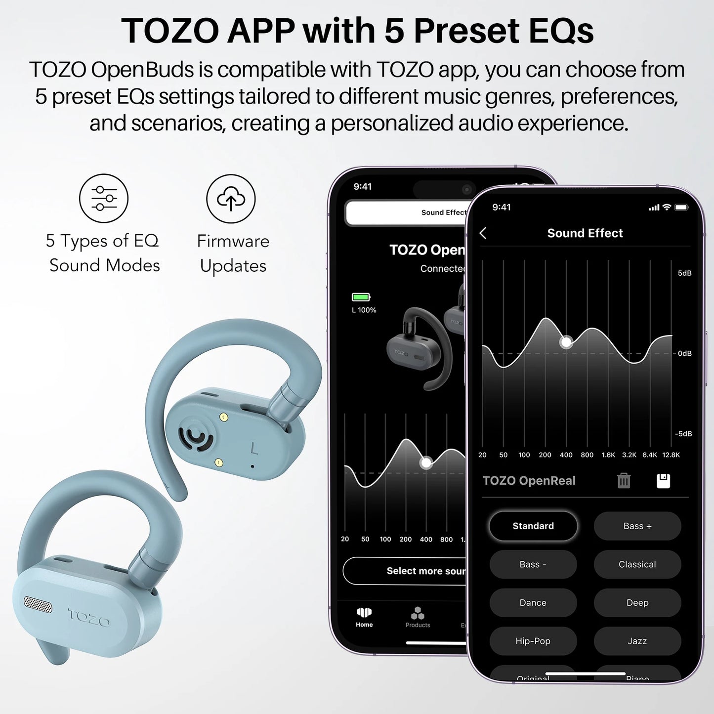 Refurbished TOZO Open Ear Hooks Headphones OWS Wireless Bluetooth 5.3 Earphones Earbuds Adjustable Music Sport HiFi Stereo Sound