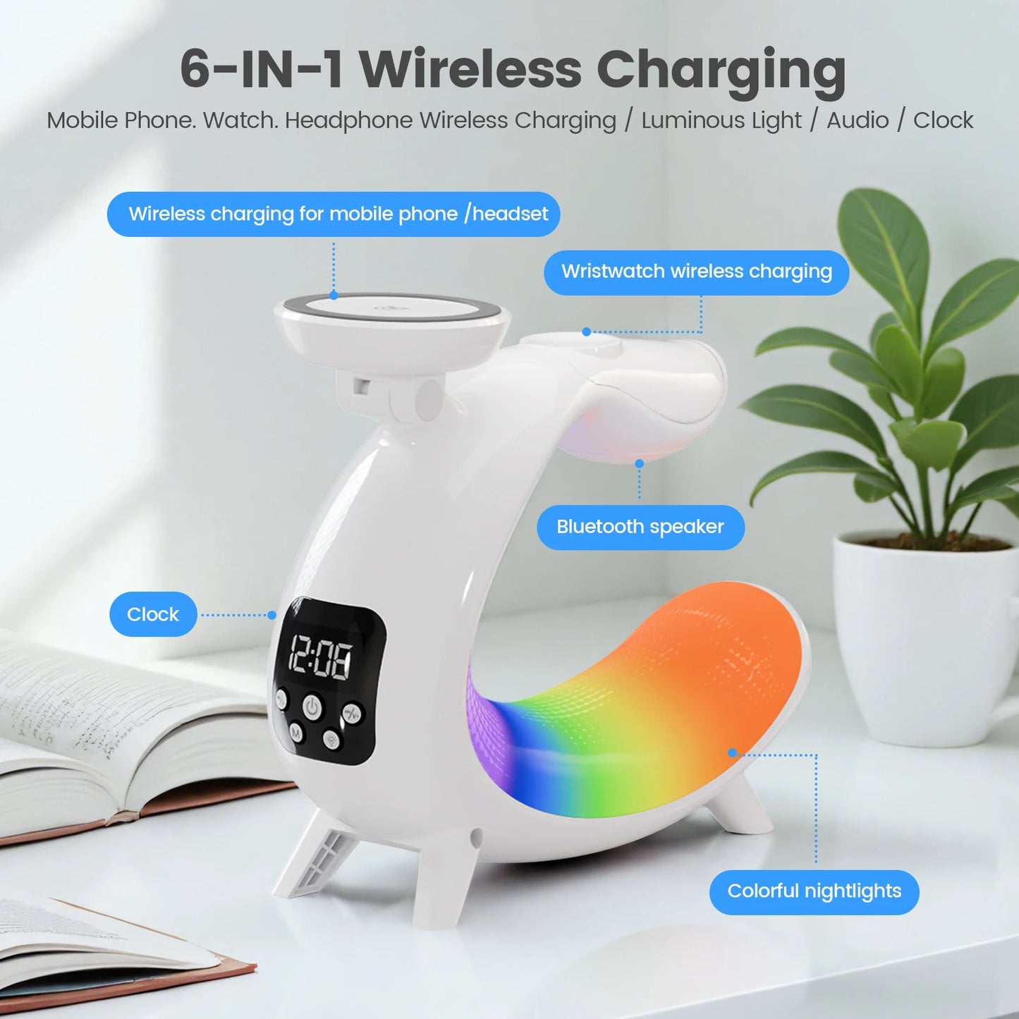 Magnetic Wireless Charger 6 in 1 Multifunction Stand Speaker Bluetooth Clock Colorful Nightlights for iPhone 17 16 15 Samsung