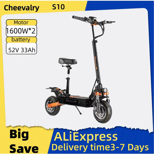 Cheevalry S10 Adult Electric Scooter 1600W*2Motor52V 33AH Battery Folding E-Scooter 10  Inch Tire city E-Scooter