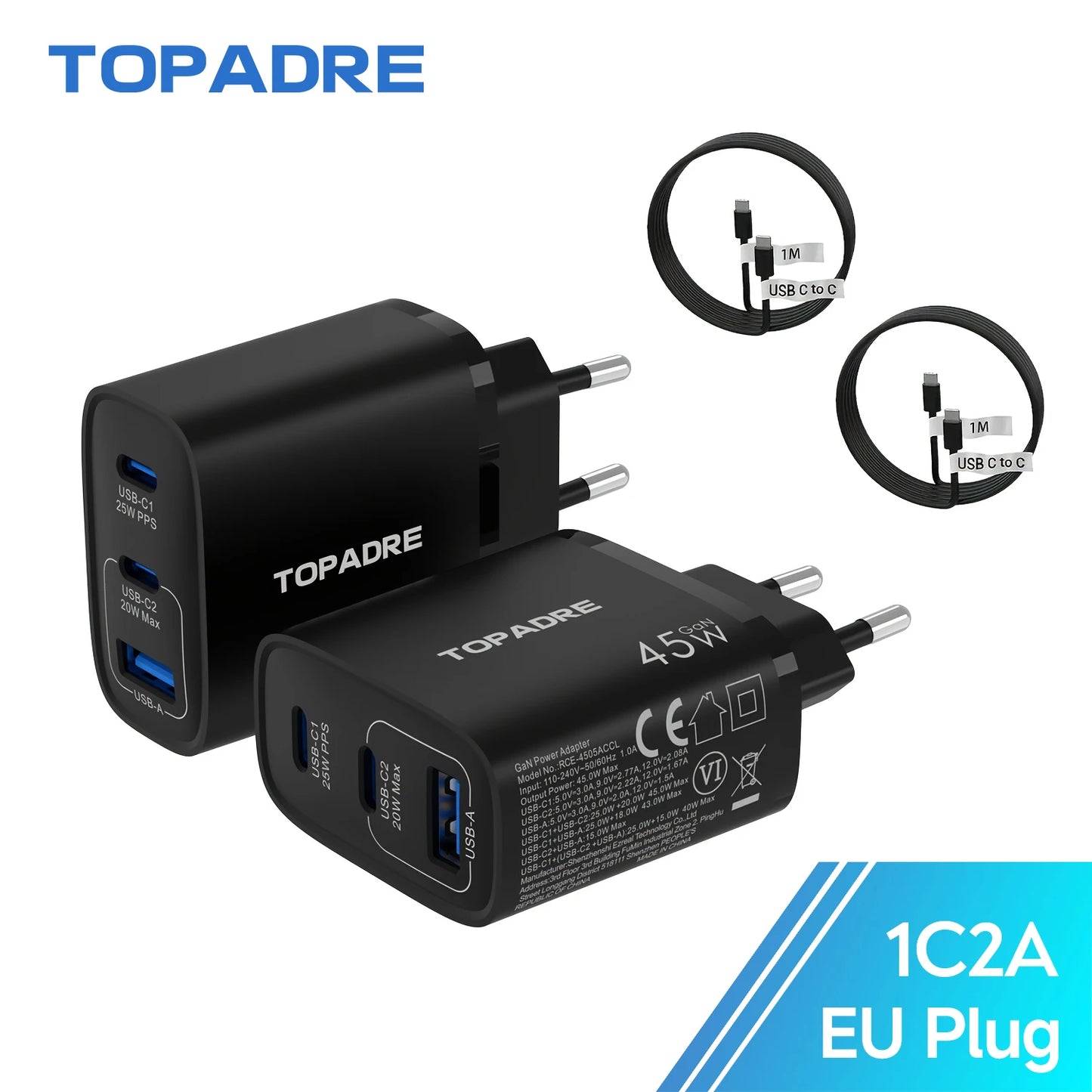 2-Packs 3in1 45W USB Charger Fast Charge QC 3.0 Wall Charging For iPhone Samsung Xiaomi Mobile EU US AU  Plug Adapter Travel