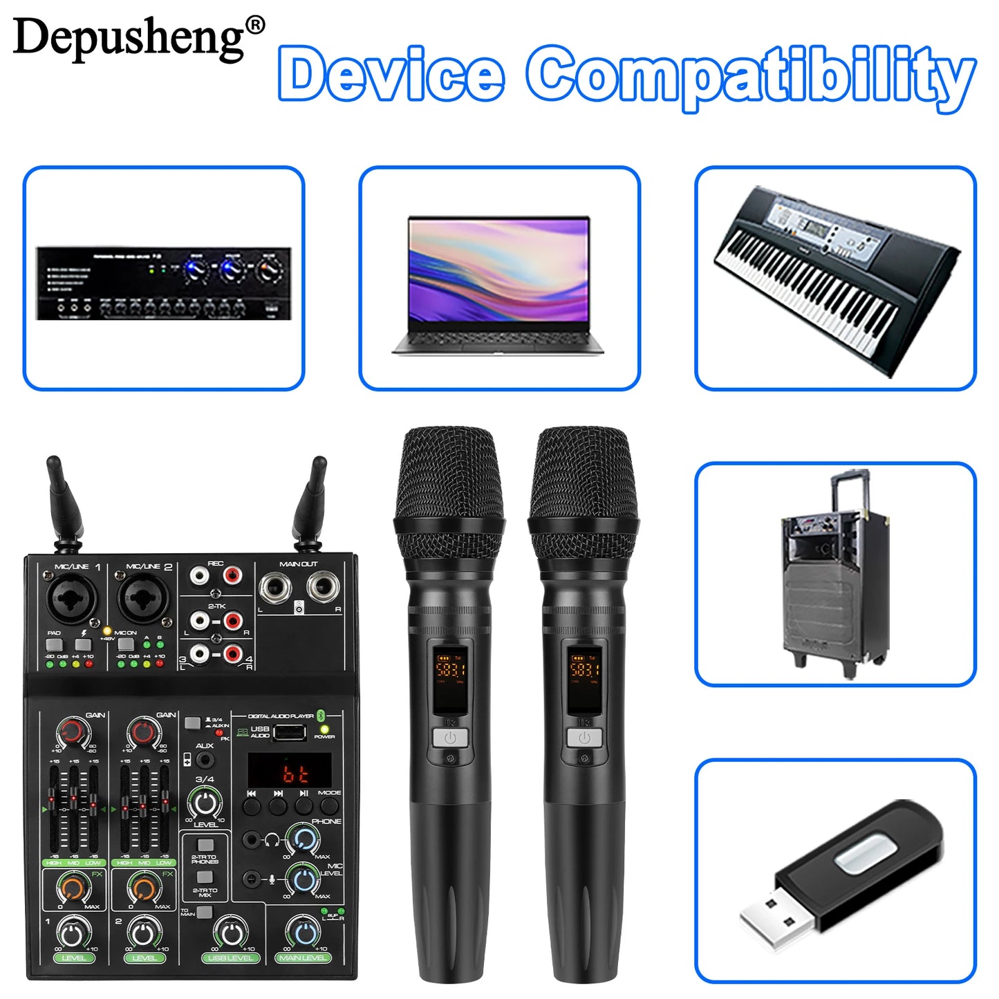 Audio Mixer 4 Channel High Power Amplifie Sound mixing with Microphone Depusheng UF4-M Digital Board Console for Karaoke Stage