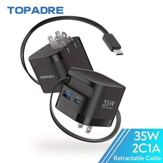 35W GaN Fast Charger with Retractable Cable, Foldable Plug, Quick Charging Block, for iPhone , Samsung , iPad, Android Phones