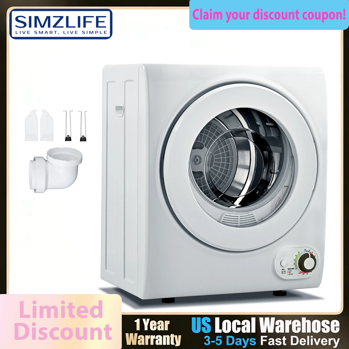 SIMZLIFE Portable Clothes Dryer 1.6 Cu. ft. Front Load Stainless Steel Electric Dryers Machine for Apartment,RVs,Dorms