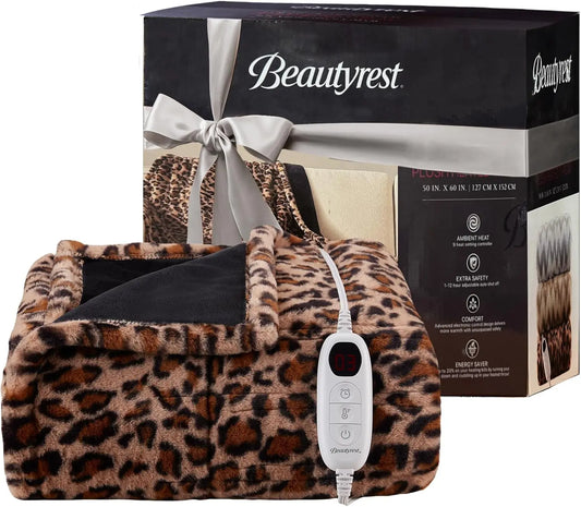 Electric Heated Throw Blanket, Auto Shut Off, Zero EMF, 3 Heat Settings, Machine Washable, Leopard Print 50x60
