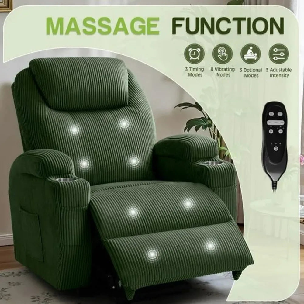 Massage Electric Power Lift Recliner Chair for Seniors with Corduroy Fabric, Cup Holders and Side Pockets