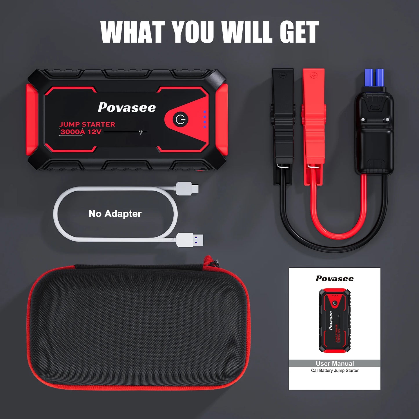 Povasee Jump Starter Power Pack 3000A Car Battery Booster Jump Starter Car Jump Starter Power Bank Jump Pack with Jump Leads