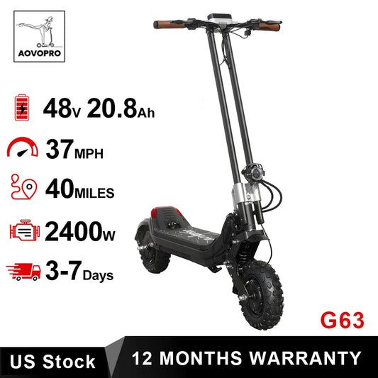 AOVOPRO G63 Electric Scooter 11 inch Off road 2400W Foldable 28mph Max Speed 60-75KM Max Range Electric Scooter for Adult