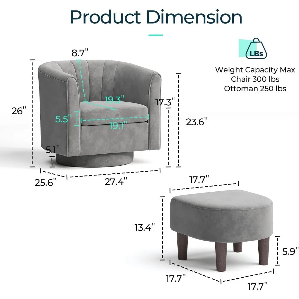 Swivel Accent Chair Ottoman Set: Velvet Small Barrel Chair with Foot Rest, Modern Reading Chair Upholstered Armchair