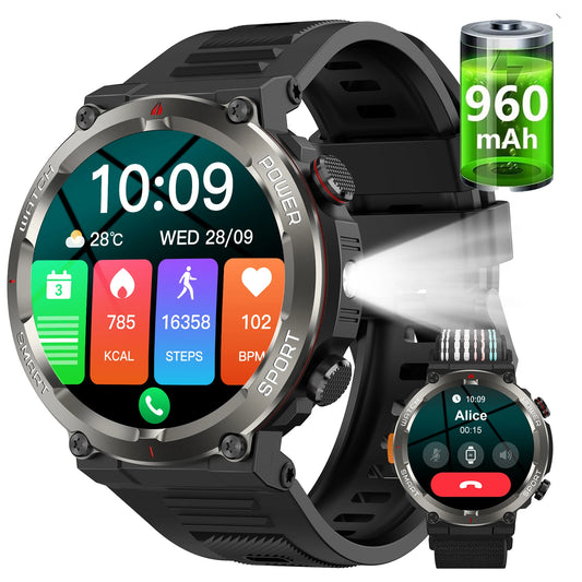 2025 New Blackview W50pro Waterproof Smartwatch with LED Flashlight Emergency lighting 960mAh Large Battery Life Man Smart Watch