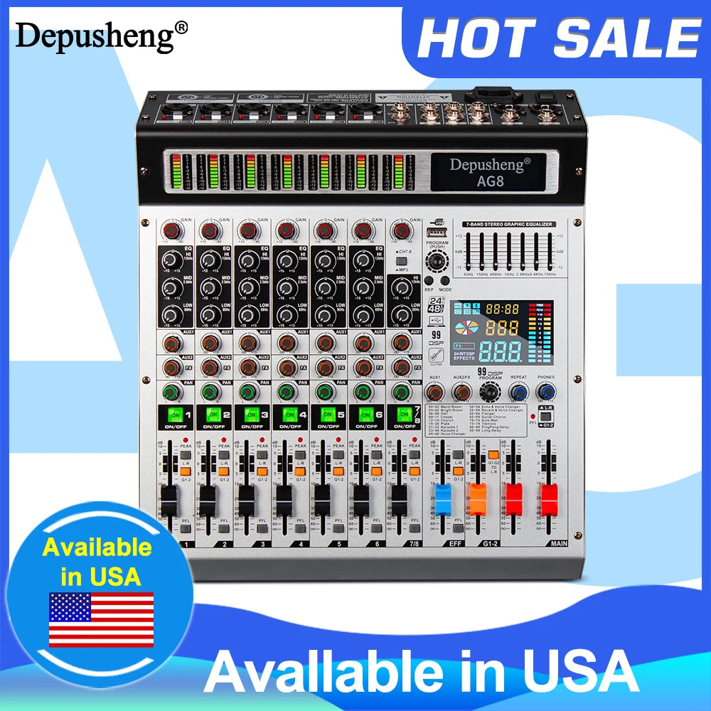 Depusheng AG8 8 Channel Mixer Professional audio console mixer DJ console for audio stage 99 DSP digital effects
