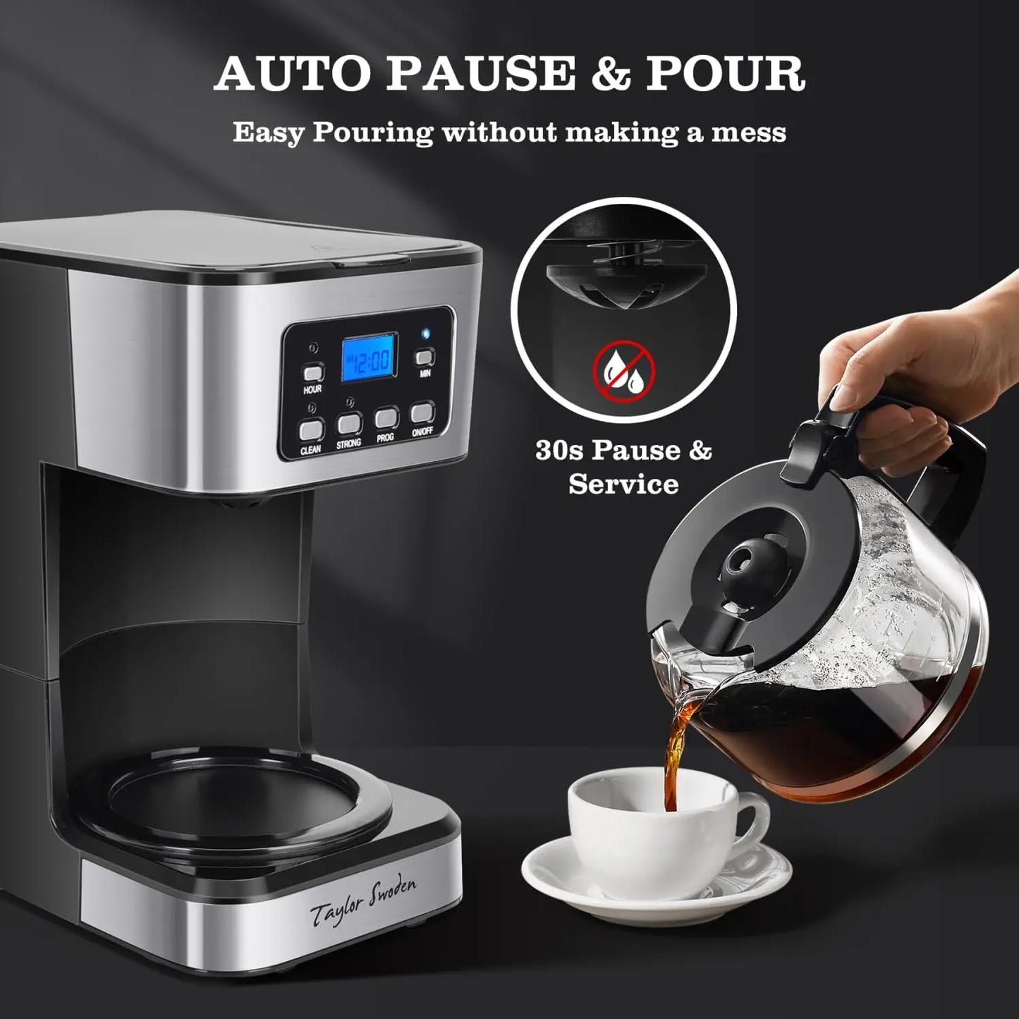 12-Cup Programmable Coffee Maker, Glass Carafe, Pause & Serve, Auto Shut Off, Black & Stainless Steel