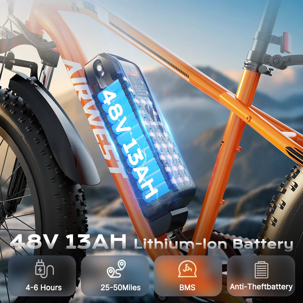 AIRWEST X26T Adult Electric Bike，Peak Power Motor 750W ，26"x4 Fat Tire，48V 13Ah Battery，25MPH，E-bike UL 2849, 1 Year Warranty