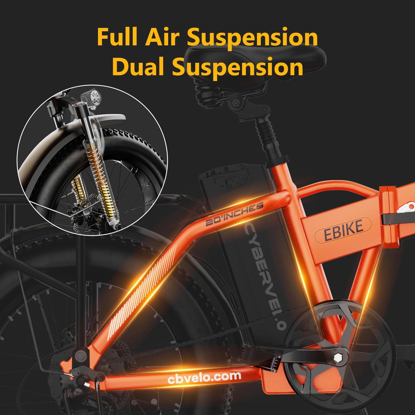 Cybervelo EK4 48V 20AH 20” Fat Tire Removable Battery E-Bike, 1000W Peak 7-Speed shift Electric Bike, 30MPH 80Miles Long Range