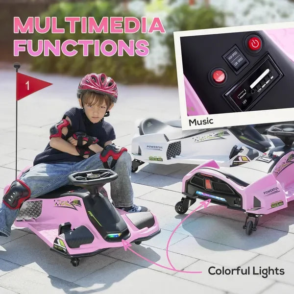 12V Electric Go Kart, 5 MPH Drifting Car, Battery Powered Ride-on Toy with Music & Lights, Pink, for 8-12 Years Old