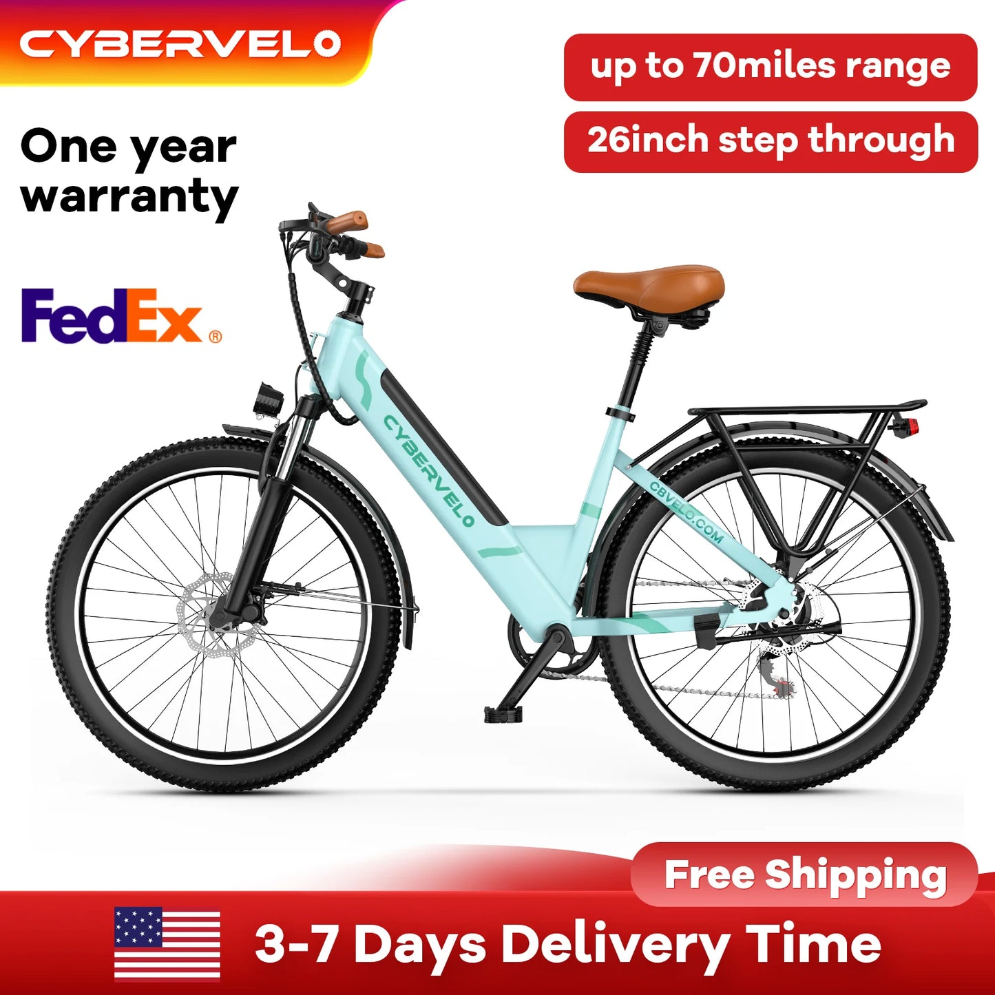Cybervelo Step-Thru City EBike, 1000w Peak Motor 7-Speed, Removable Battery Commuter, 26 inch 80miles city cruiser for adult EK2