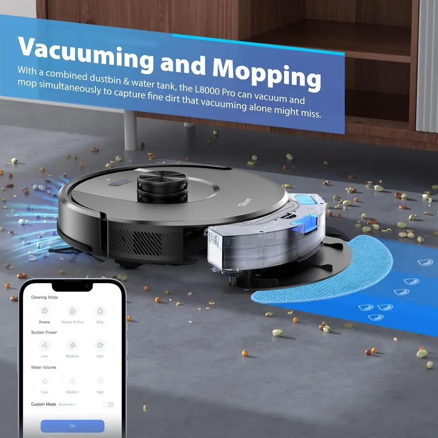 Robot Vacuum and Mop Combo, 6000Pa Automatic Robotic Vacuum Cleaner, Smart Mapping, 150 Min Max, Ideal for Pet Hair, Hardfloors,