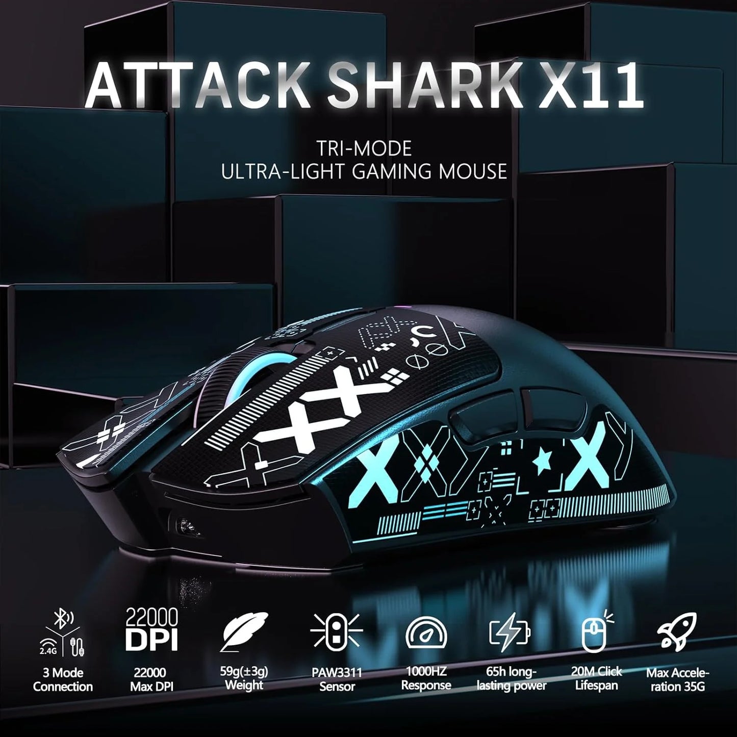ATTACK SHARK X11 Wireless Gaming Mouse with RGB Magnetic Charging Dock, Wired/2.4G/BT, 22K DPI,Ultralight 59g Tri-Mode with Tape