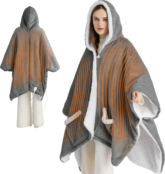 Electric Heated Blanket Shawl Hoodie for Adults, 4 Timer & 6 Heat Settings, Grey, 55x64 inches