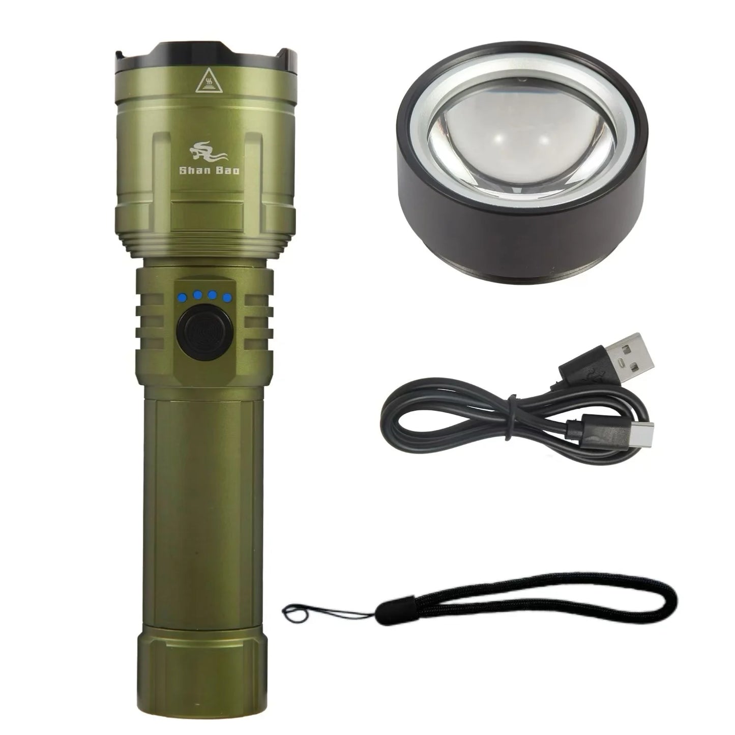 Shan Bao Green Outdoor Camping Mountaineering Zoom Flashlight Strong Light Focusing Light Source Can Ignite The Flame