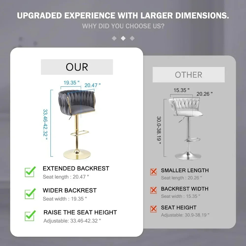 Velvet Bar Stools Set of 4 - Modern Adjustable Swivel Counter Height Chairs with Woven Back, Kitchen Island Chairs