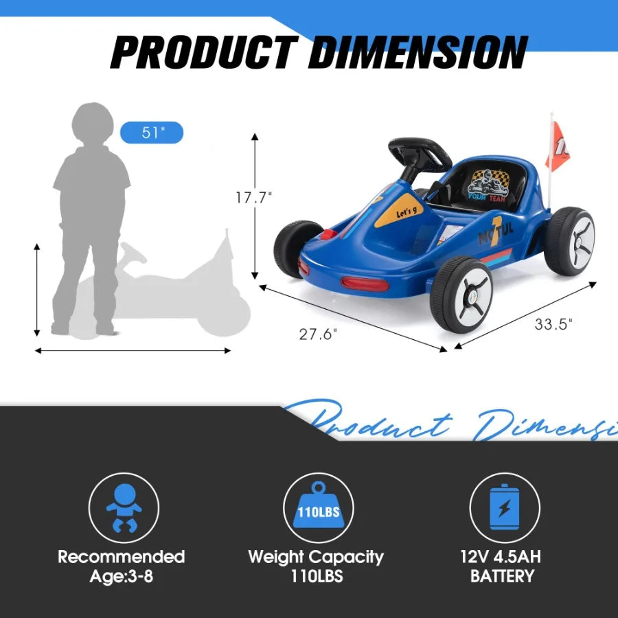 12V Ride On Go Kart Electric 4Wheeler Car with Remote Control Cushioned Seat LED Lights MP3 Music Bluetooth Pedal Control Batte