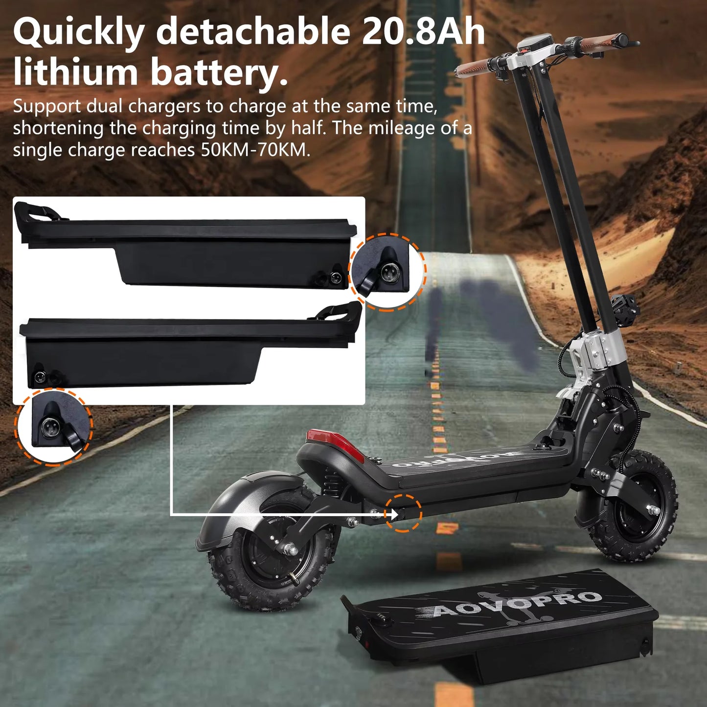AOVOPRO G63 Electric Scooter 11 inch Off road 2400W Foldable 28mph Max Speed 60-75KM Max Range Electric Scooter for Adult