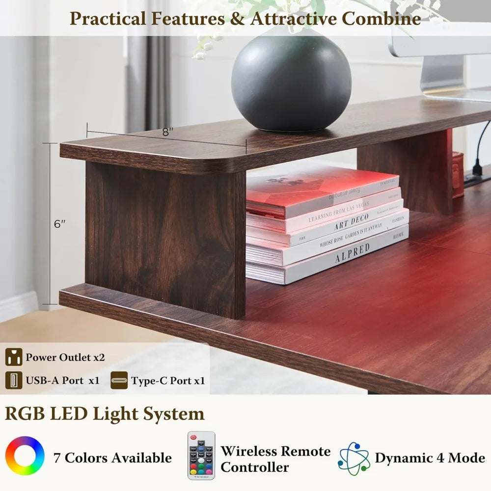 48Inch Gaming Desk, Electric Standing Desk with Height Adjustable, Power Outlets, LED Lights, Keyboard Tray, and Monitor Shelf,