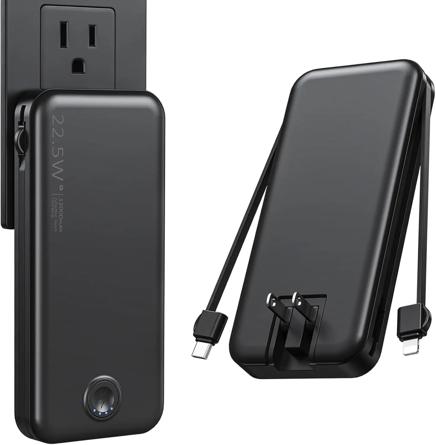 （Pink）Portable 12000mAh AC Wall Charger Power Bank with Built-in Cables,USB-C Fast Charging,Ultra-Slim Design,Travel Essential