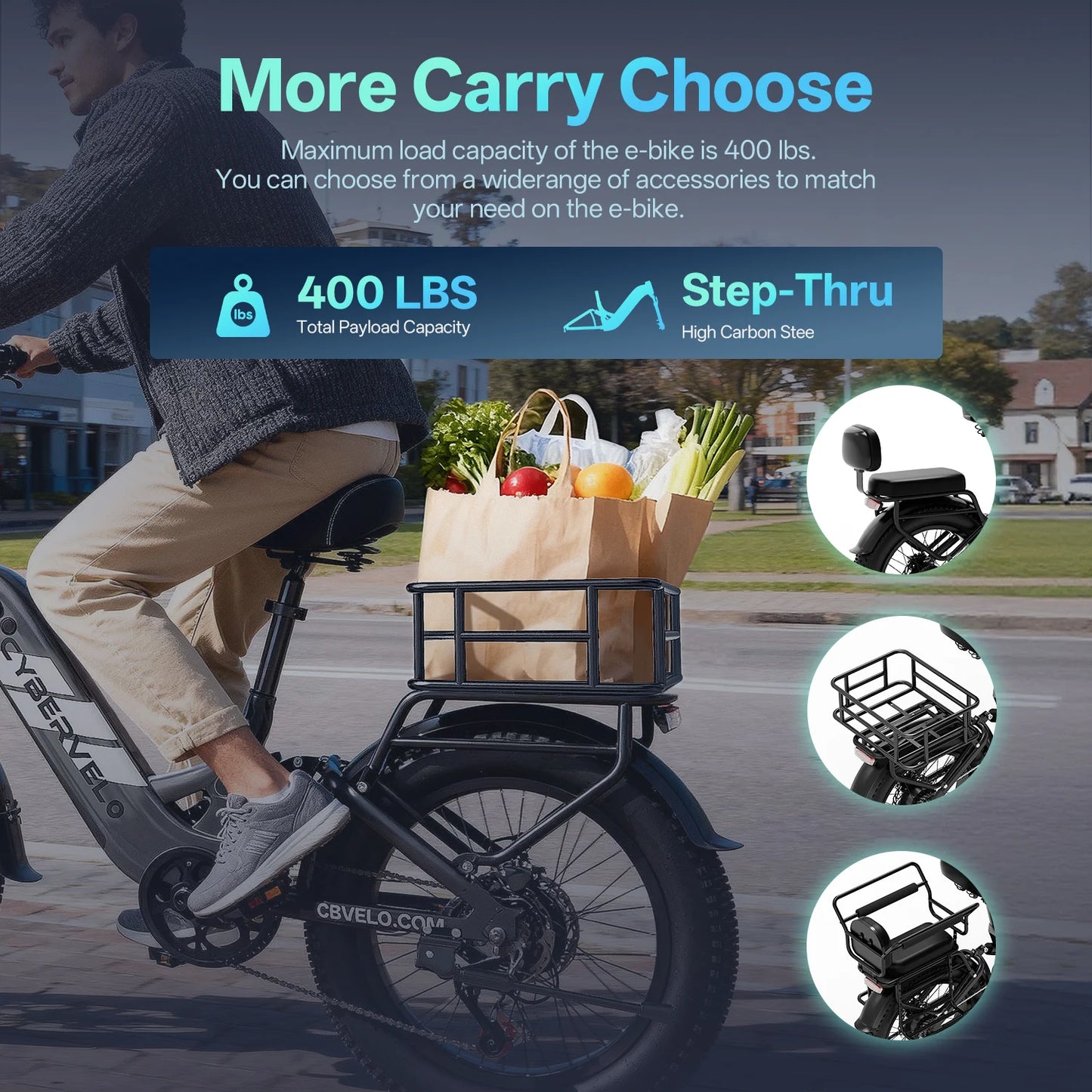 Cybervelo Step-Thru Electric Bike for Adults and Youths, 48V 20AH Removable Battery, 30+MPH, 20" Fat Tire 7-Speed Commuter EK12